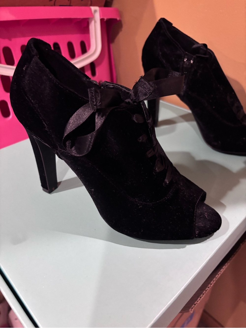 Black Velvet Peep-Toe Ankle Booties with Satin Shoe Strings. So Cute!